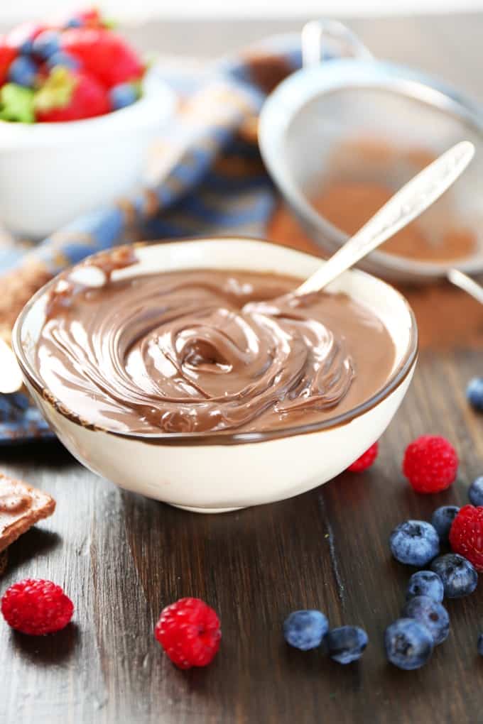 Creamy chocolate peanut butter dip in a bowl with fresh berries