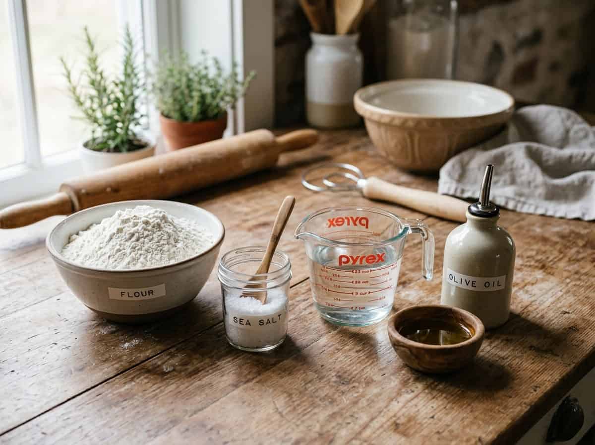 flour, water, yeast, salt and olive oil on kitchen