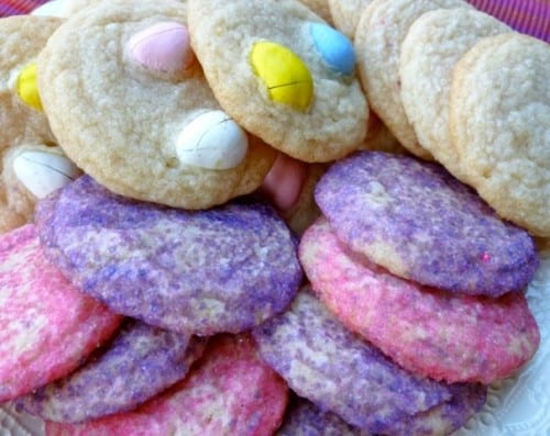 Assortment of Easter sugar cookies - some plain, some topped with sugar, some with Cadbury mini eggs.