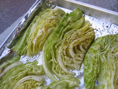 Roasted Cabbage Wedges on foil-lined baking sheet.
