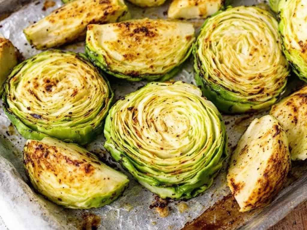 Roasted cabbage wedges and slices on sheet pan
