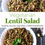 Simple vegetarian lentil salad garnished with fresh parsley on white plate with a serving spoon