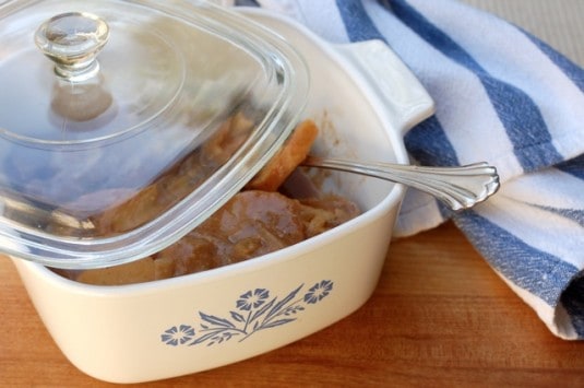 Company's Coming Slow Cooker Roast in classic Corning covered serving dish.