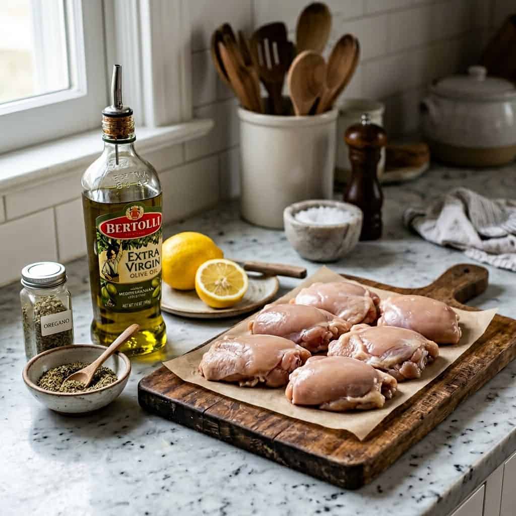 boneless, skinless chicken thighs, olive oil, lemon, salt, oregano on kitchen counter