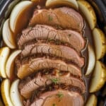 roast beef and potatoes in oval crock pot insert with Text Overlay: Company's Coming Slow Cooker Roast