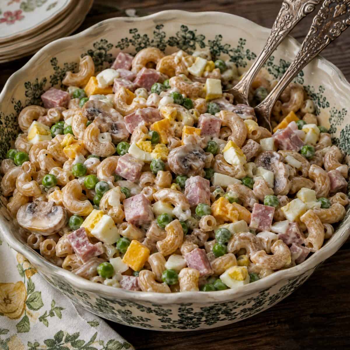 Peas and Ham Pasta Salad tossed in a creamy low-fat buttermilk dressing in a serving bowl with two vintage serving spoons.