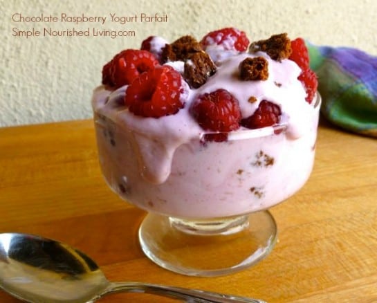 Chocolate Raspberry Yogurt Parfait in short glass with spoon.