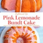 Pink lemonade bundt cake with lemon icing and sugar sprinkles with slice missing on white cake plate.