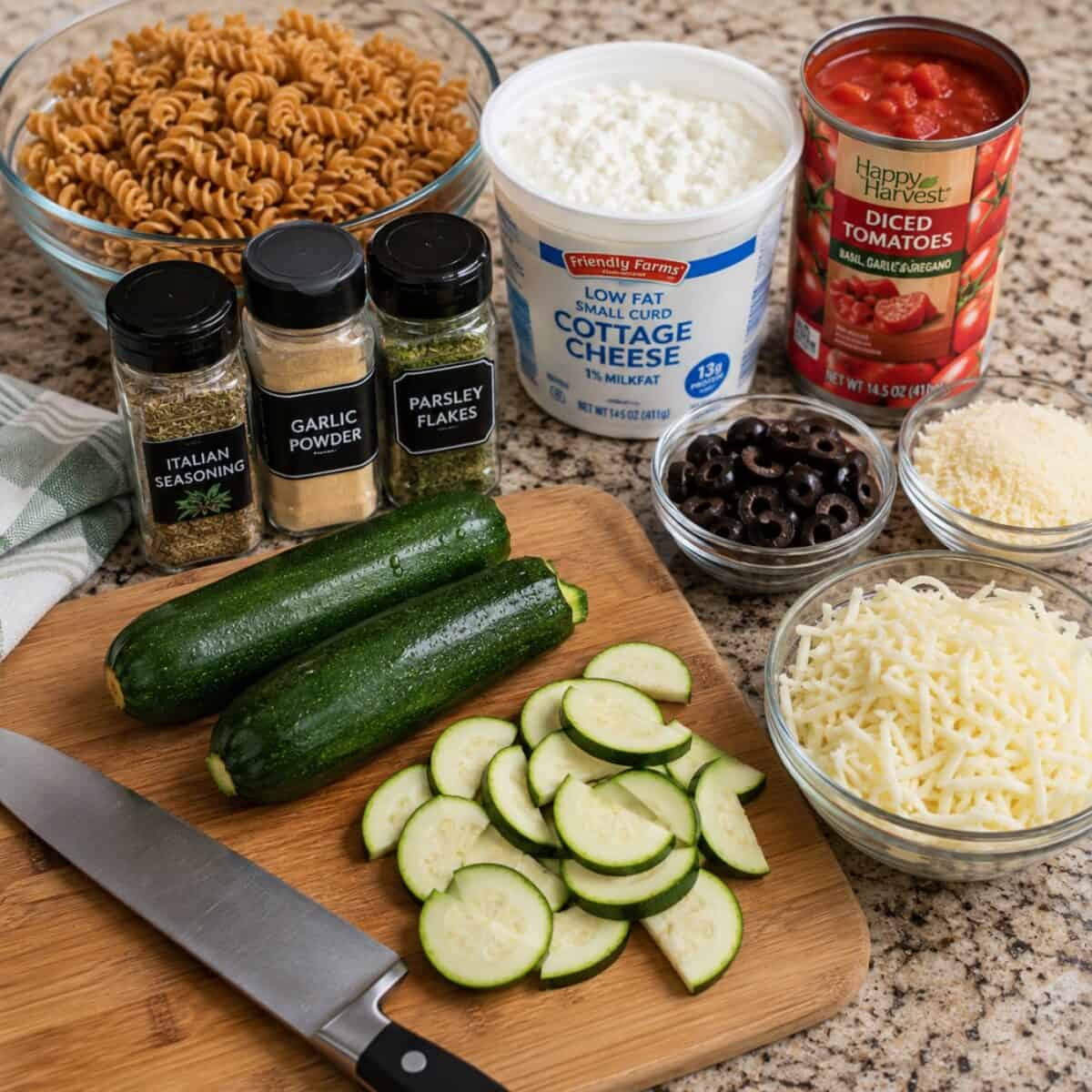 Ingredients including whole wheat rotini pasta, container of old-fat cottage cheese, open can of diced tomatoes, Italian seasoning, garlic powder, dried parsley flakes, zucchini, sliced black olives, grated Parmesan cheese and shredded mozzarella on a kitchen counter.