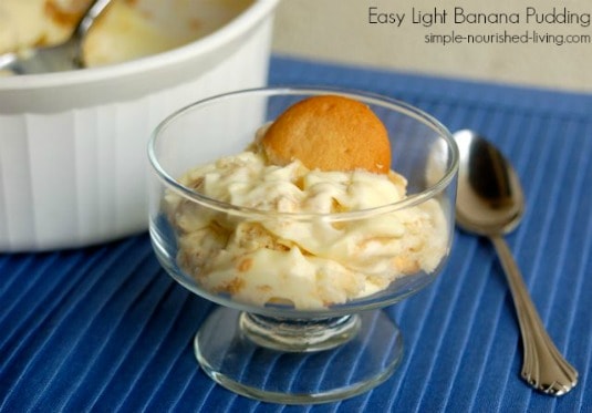 Light Banana Pudding in dessert glass with Nilla Wafer.