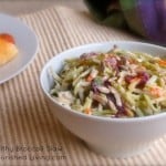 Easy Healthy Broccoli Slaw white bowl on beige textured mat