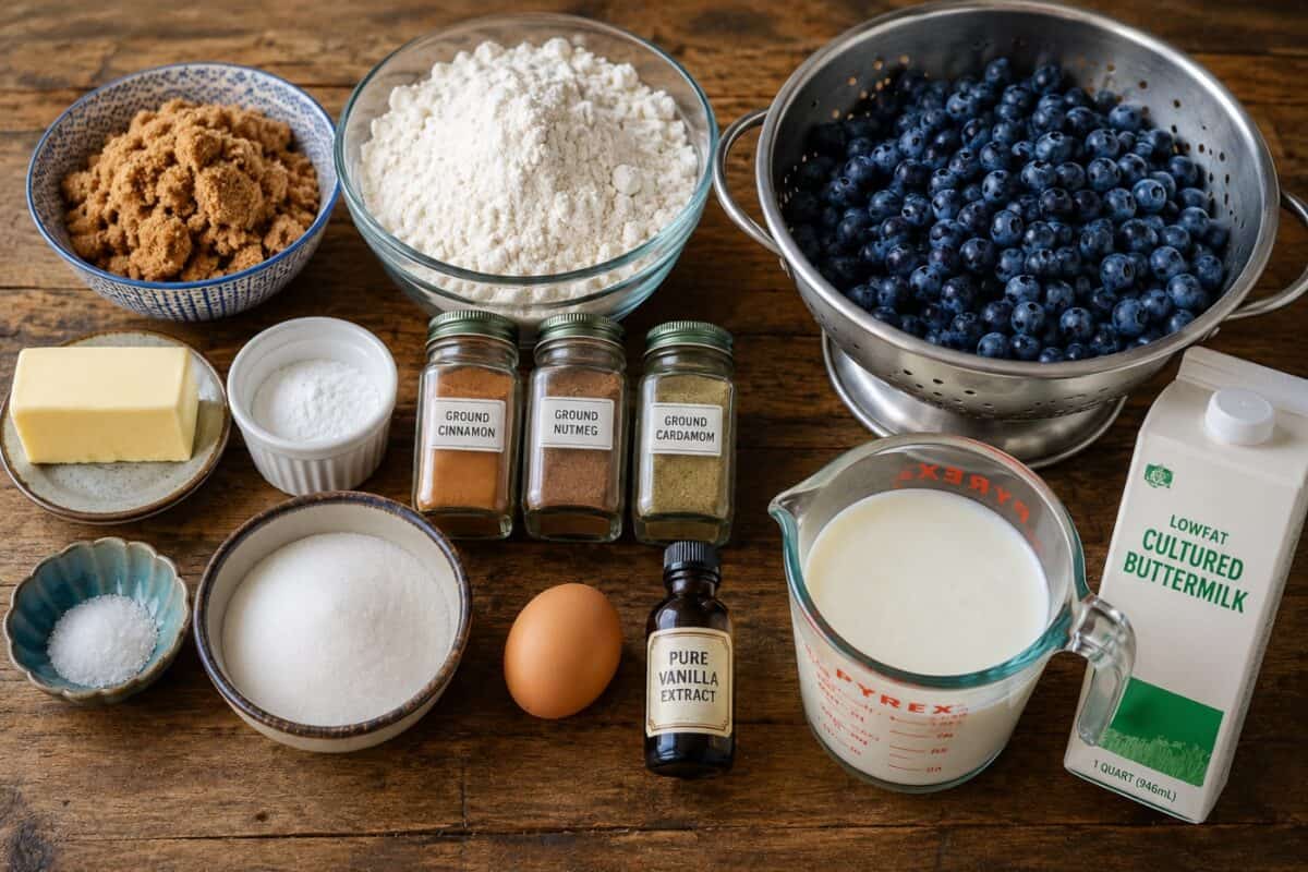 Ingredients including fresh blueberries in a colander, all-purpose flour, brown sugar, butter, baking powder, salt, sugar, ground cinnamon, ground nutmeg, ground cardamom, an egg, vanilla extract and low-fat buttermilk.
