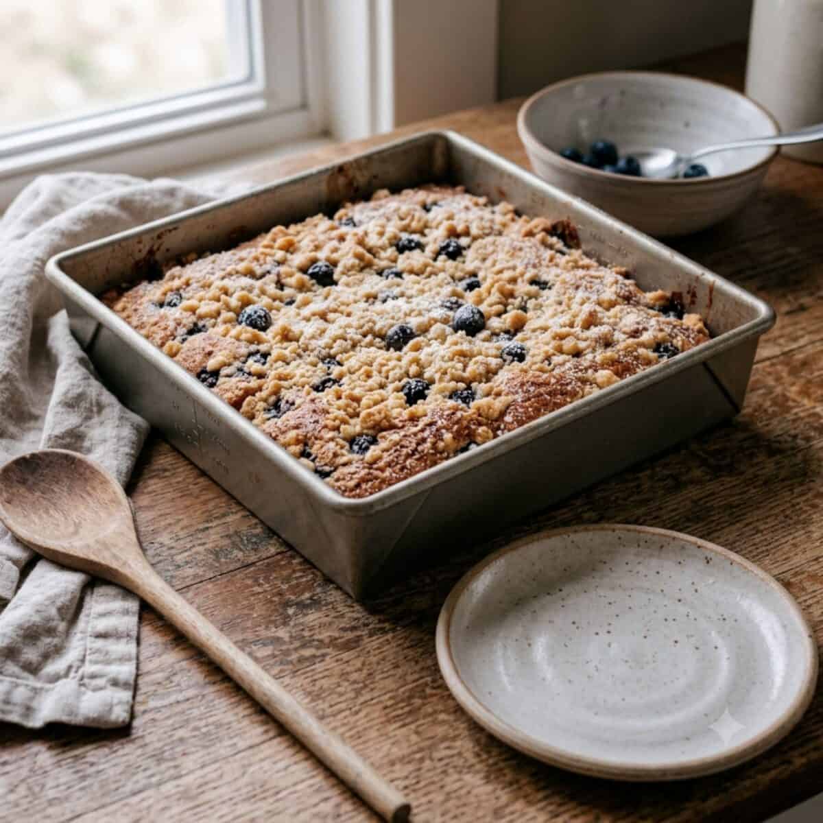 Blueberry Crumb Cake in baking pan on wood table.