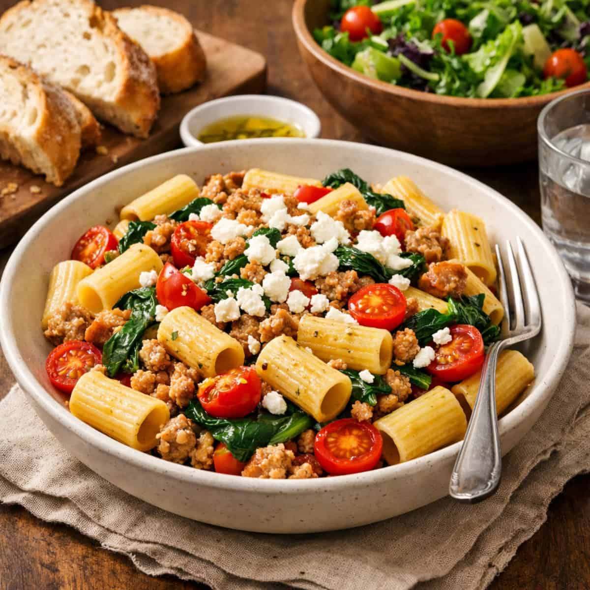 Rigatoni Pasta with Chicken Sausage, Cherry Tomatoes and Spinach in a white bowl with a fork.