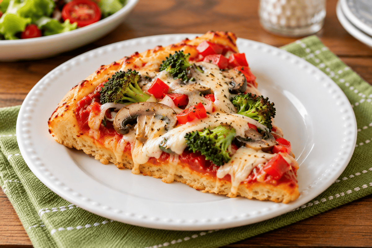 Slice of Slow Cooker Vegetable Pizza on White Plate with Salad in Background
