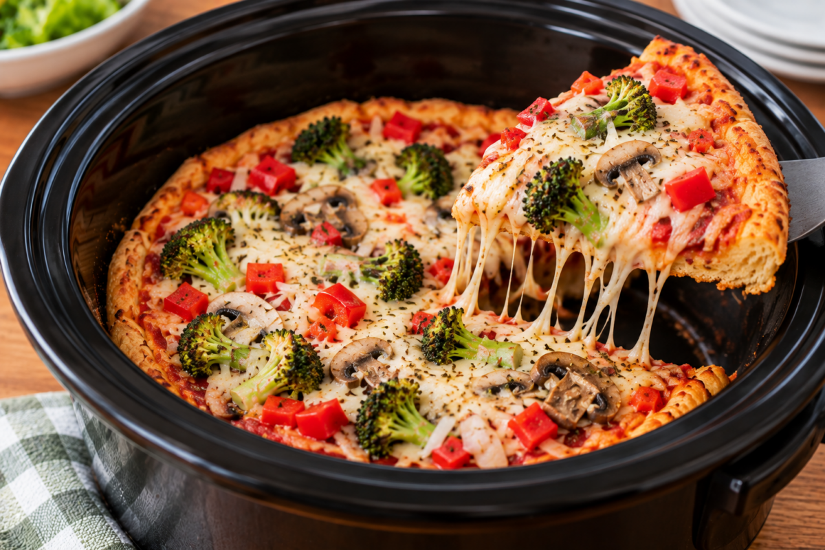 Lifting slice of slow cooker vegetable pizza from the cooker