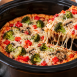 Lifting slice of slow cooker vegetable pizza from the cooker