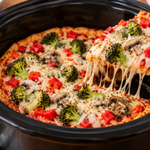 Lifting slice of slow cooker vegetable pizza from the cooker
