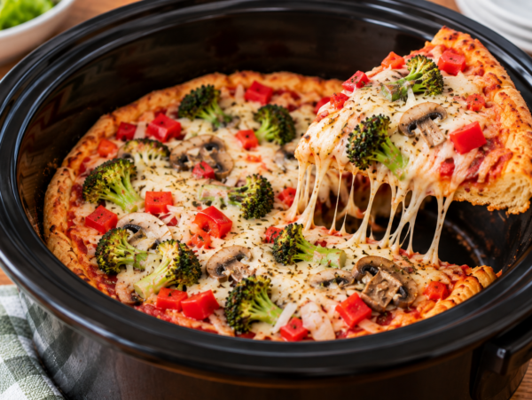 Lifting slice of slow cooker vegetable pizza from the cooker