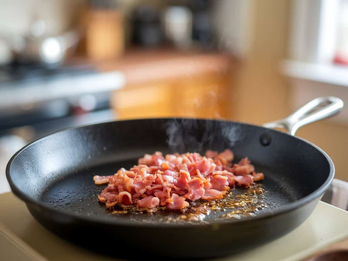 skillet with cooked chopped bacon