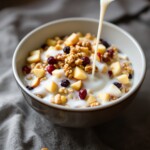 White bowl of crockpot apple oatmeal with drizzle of milk
