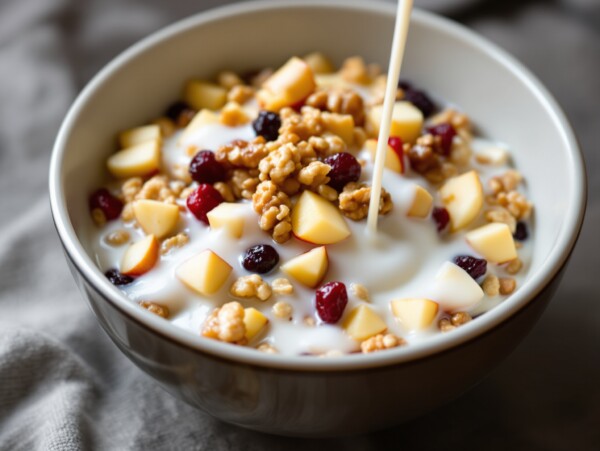 White bowl of crockpot apple oatmeal with drizzle of milk