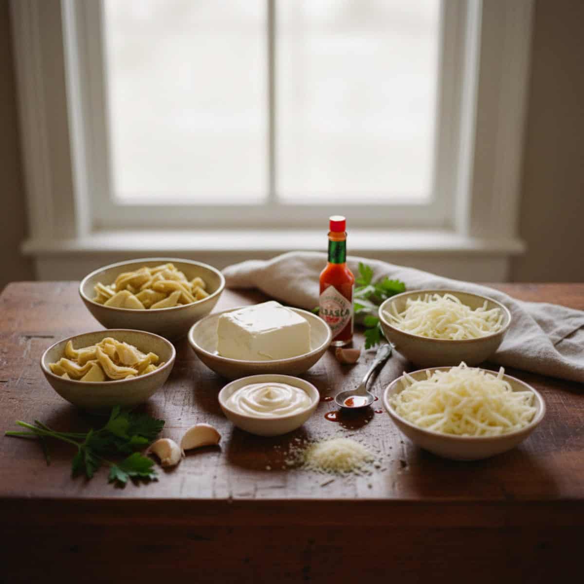 Ingredients on a wooden table including artichoke hearts, cream cheese, mayonnaise, shredded mozzarella and Parmesan and small bottle of hot pepper sauce.
