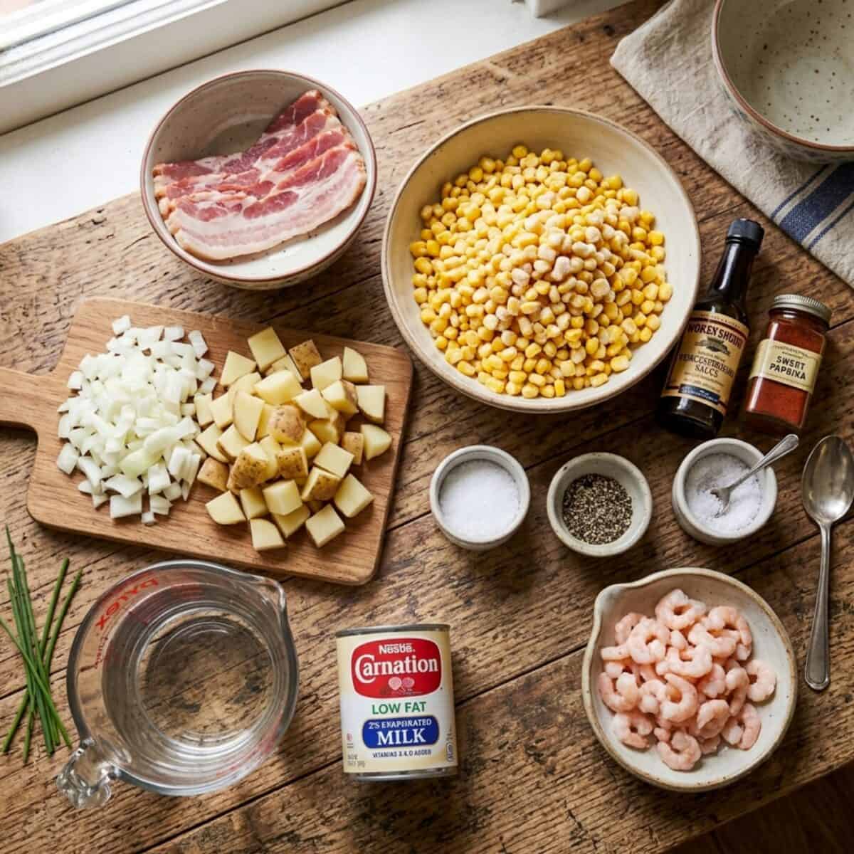 Ingredients including center cut bacon, frozen corn, chopped onion, chopped potatoes, evaporated milk, small shrimp, Worcestershire sauce, sweet paprika, salt and pepper.