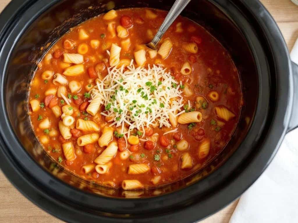 crock pot with olive garden copycat pasta fagioli soup with ladle in it