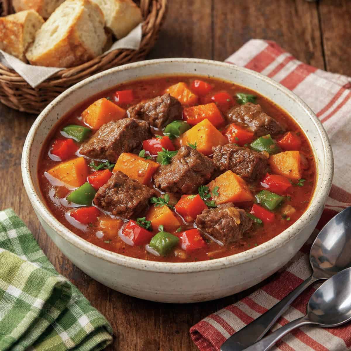 Caribbean Crock Pot Pepper Pot Soup in white bowl with spoons on colorful napkins with basket of bread behind.