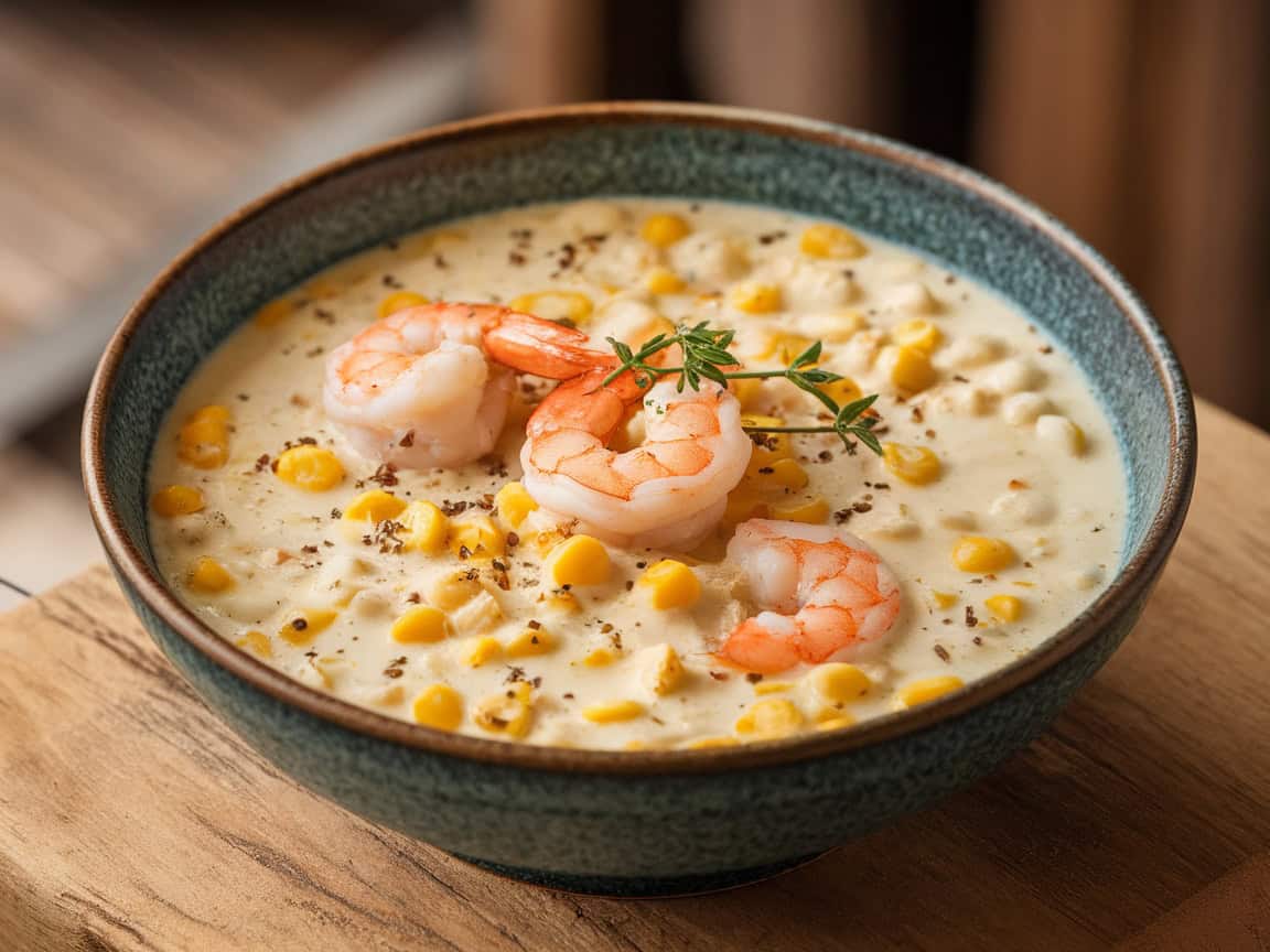 bowl of corn shrimp chowder garnished with a few shrimp