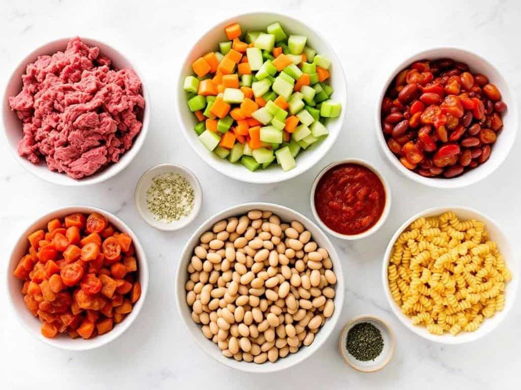Bowls of ingredients for pasta fagioli soup shot from above including ground beef, pasta, beans, chopped carrots, onions, celery, diced tomatoes, marinara sauce