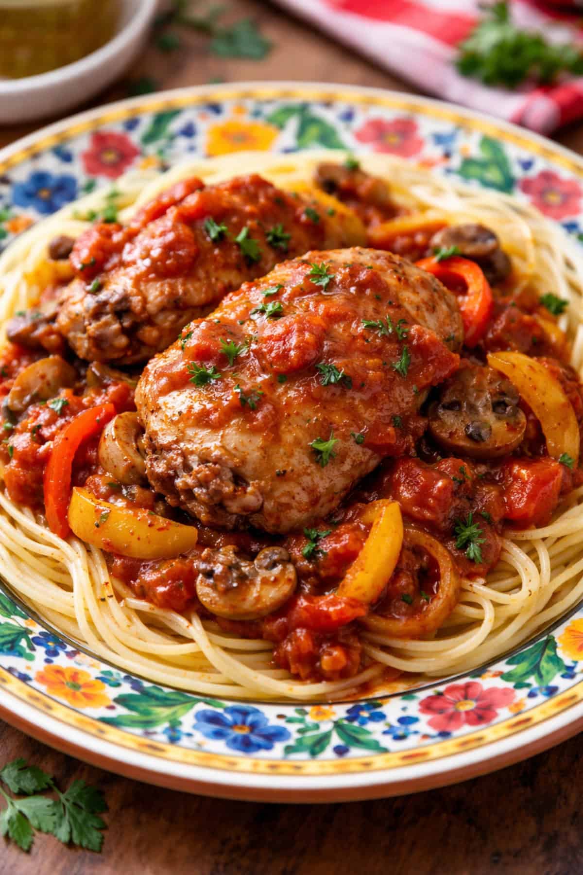Slow cooker chicken cacciatore with peppers and mushrooms over spaghetti on colorful dinner plate.