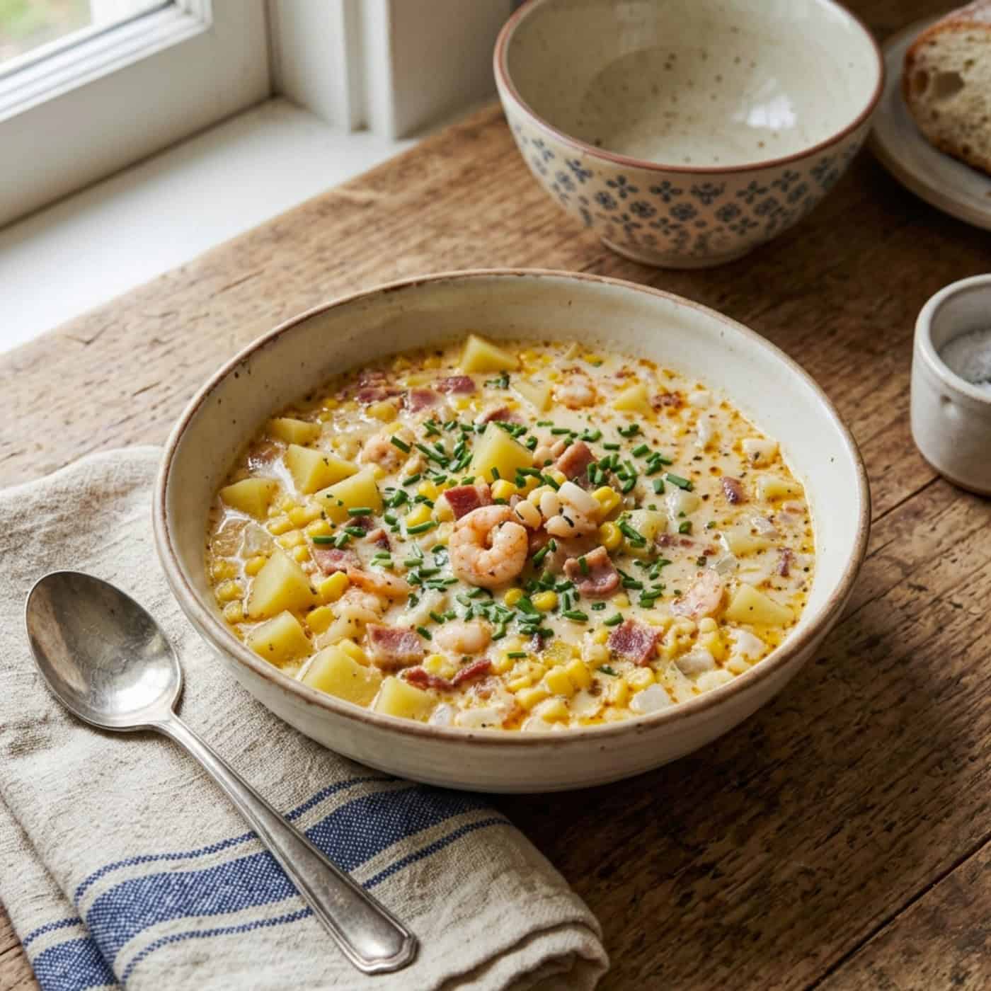 Corn and shrimp chowder in a bowl garnished with chopped chives with a spoon and linen napkin alongside.