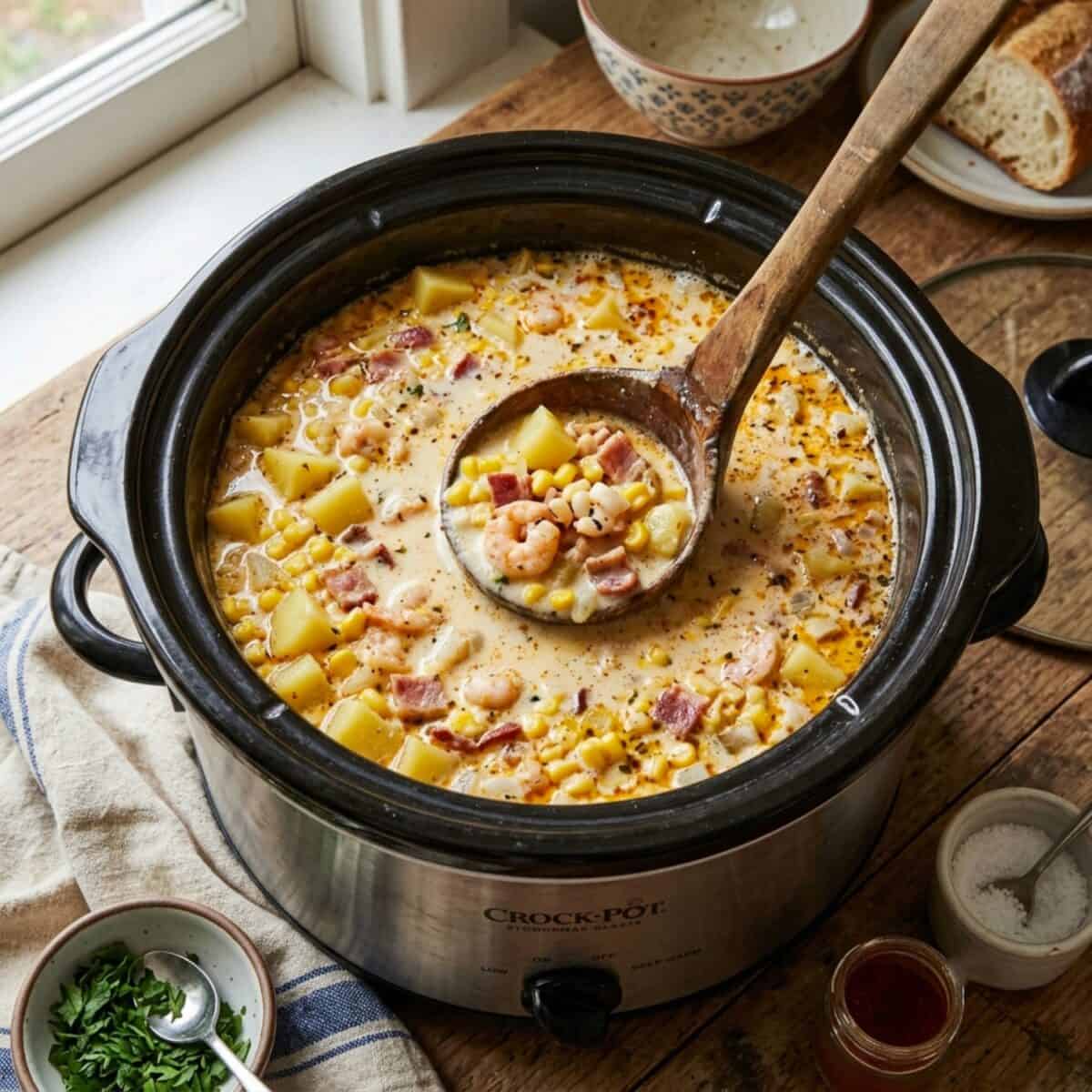 Slow Cooker Corn and Shrimp Chowder in crock pot with wooden serving ladle.