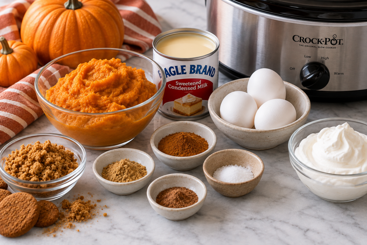 Ingredients for slow cooker pumpkin pie pudding: pumpkin puree, sweetened condensed milk, eggs, spices on kitchen counter with slow cooker in the background.
