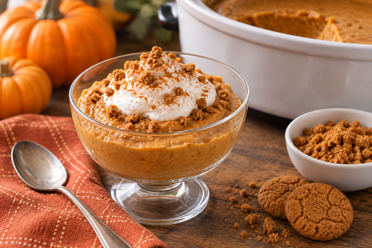 Glass dish of slow cooker pumpkin pie pudding garnished with whipped cream and gingersnap crumbles.