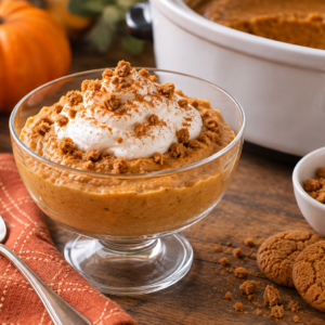 glass dish of slow cooker pumpkin pie pudding garnished with whipped cream and gingersnap crumbles