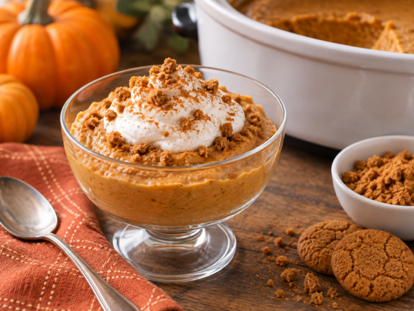 glass dish of slow cooker pumpkin pie pudding garnished with whipped cream and gingersnap crumbles