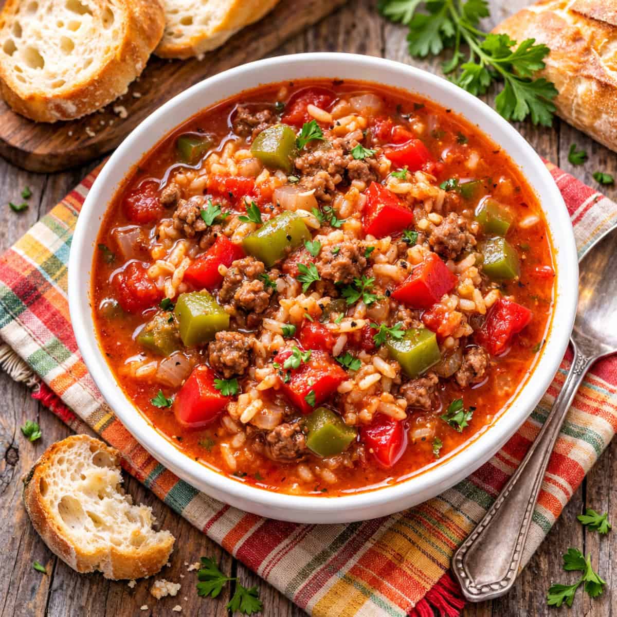 Slow Cooker Stuffed Pepper Soup in a white bowl with spoon near plate of crusty bread.