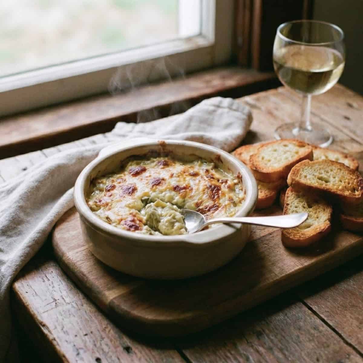 Warm artichoke dip in small bowl with spoon on wood table with crostini and glass of white wine.