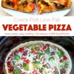 Two pieces vegetable crock pot pizza near crock pot with uncooked pizza.