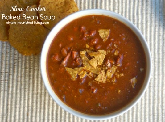 Slow Cooker Baked Bean Soup from above beige textured mat