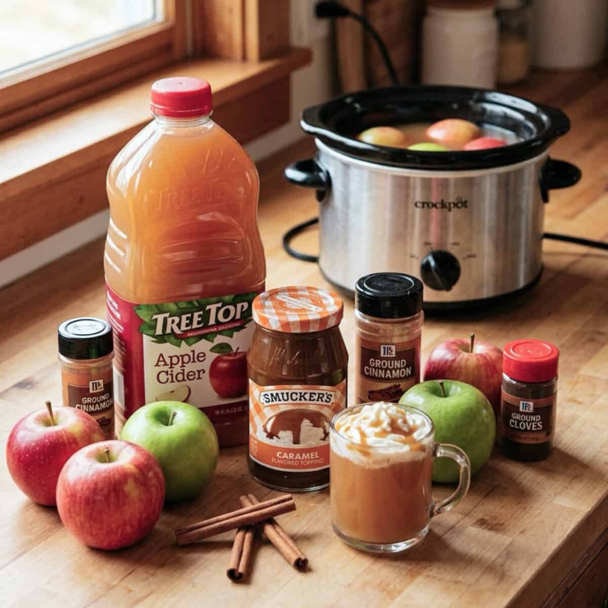 Apple cider, apples, caramel topping, ground cinnamon, ground cloves, cinnamon stick and glass mug of caramel apple cider with crock pot in the background.