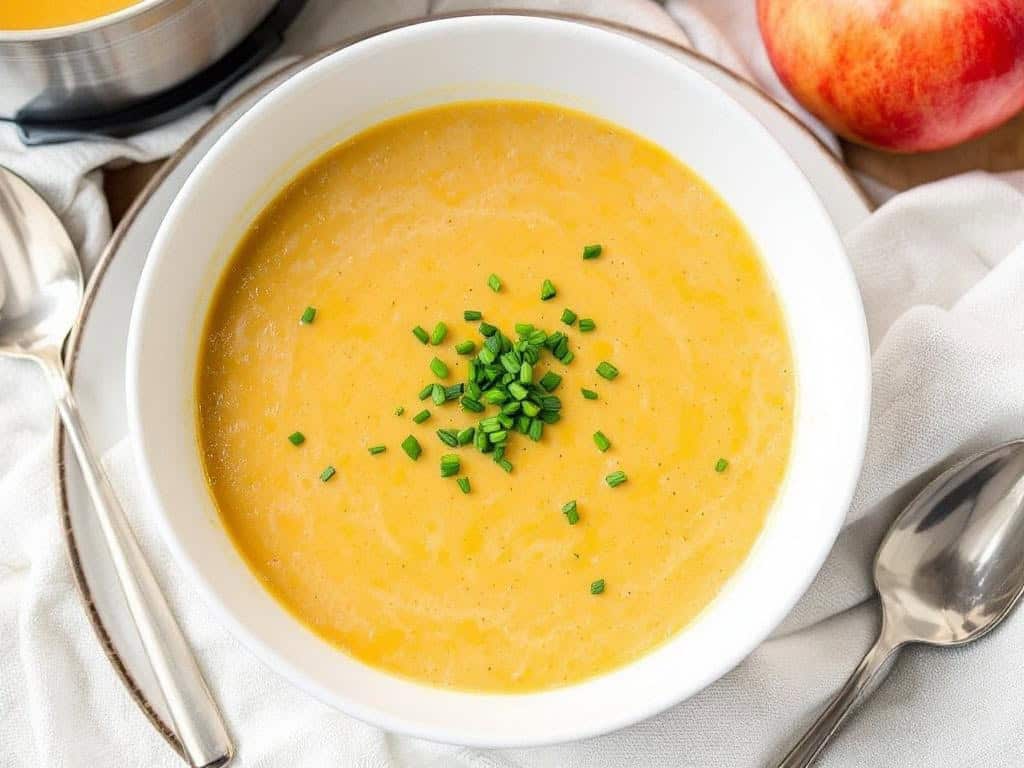 White bowl filled with squash apple soup garnished with chopped chives.