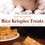 Bowl of Rice Krispies with whole marshmallows near plate of Rice Krispies Treats with two sitting on a napkin.