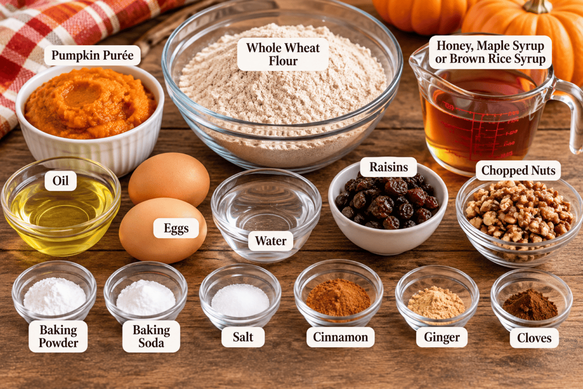 healthy slow cooker pumpkin bread ingredients in bowls