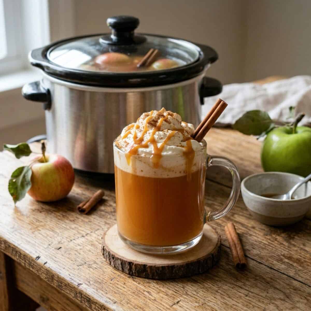 Slow Cooker Caramel Apple Cider in a glass mug topped with whipped cream, drizzle of caramel and sprinkle of cinnamon on wood table with apples and cinnamon sticks and crock pot in the background.