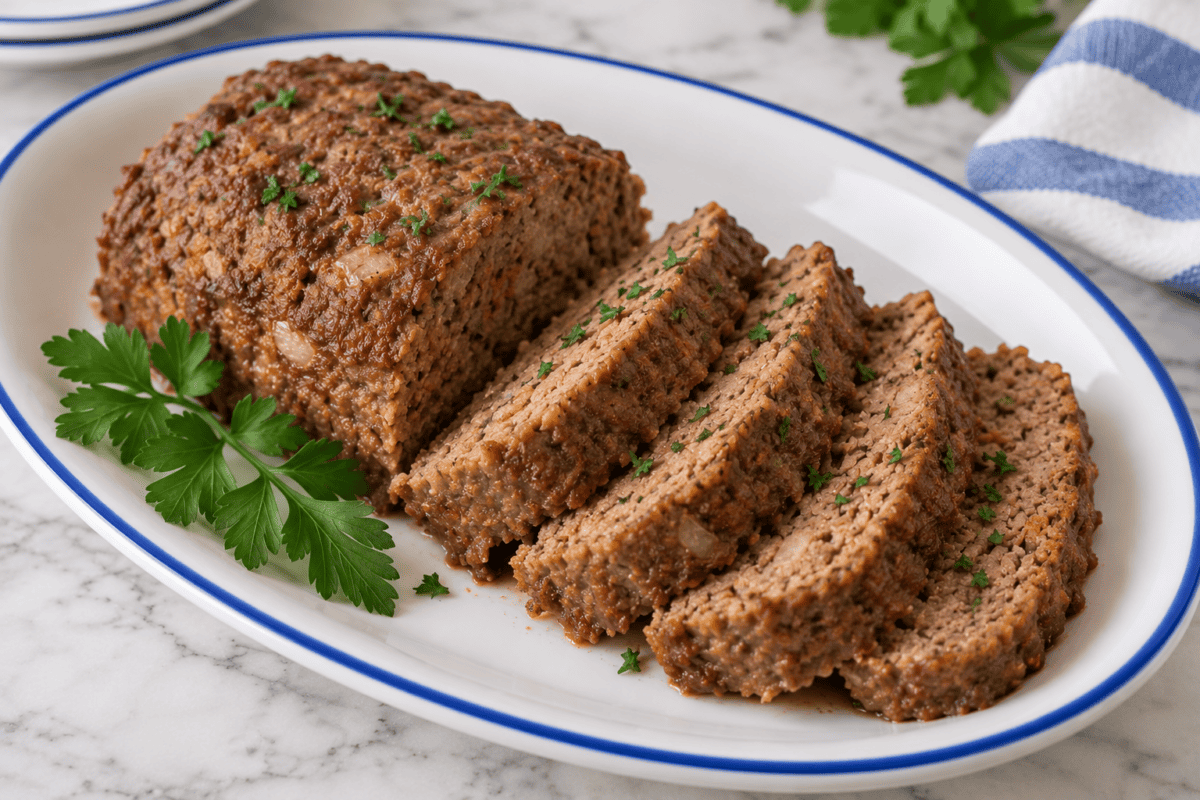 blue rimmed white oval platter with sliced meatloaf