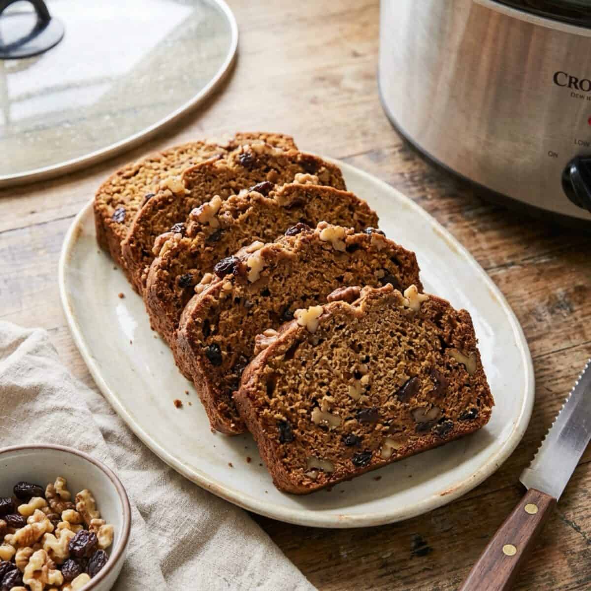 Slices of slow cooker pumpkin bread with walnuts and raisins on a platter.